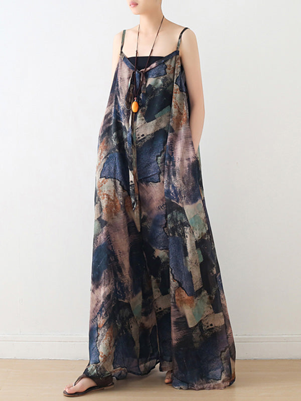 Stylish Printed Asymmetric Spaghetti-Neck Wide Leg Jumpsuits