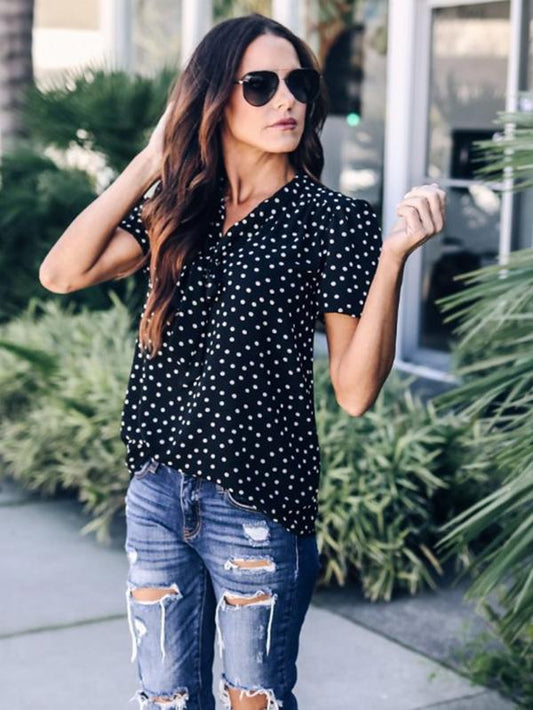 Polka Dot Loose Chiffon V neck Short Sleeve T-shirt