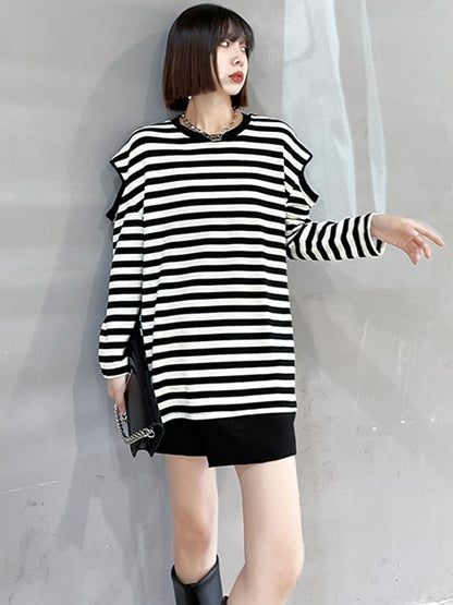 Original Stylish Striped Hollow Cold Shoulder Long Sleeves T-Shirt Tops