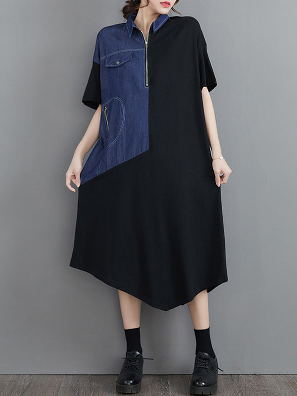 Casual Irregular Split-Joint Half Sleeves Lapel Collar Midi Shirt Dress