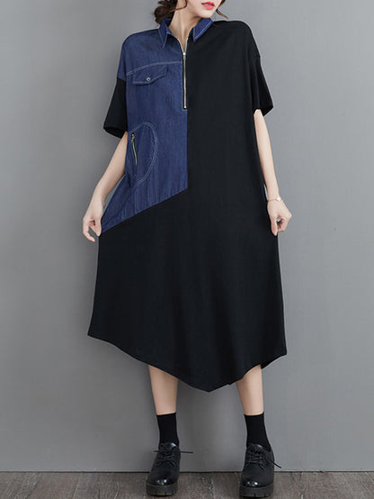 Casual Irregular Split-Joint Half Sleeves Lapel Collar Midi Shirt Dress