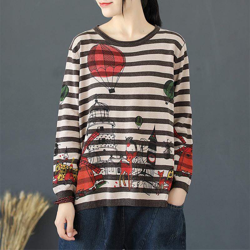 Buykud Stripes Cartoon Pullover Casual Knitted Shirt