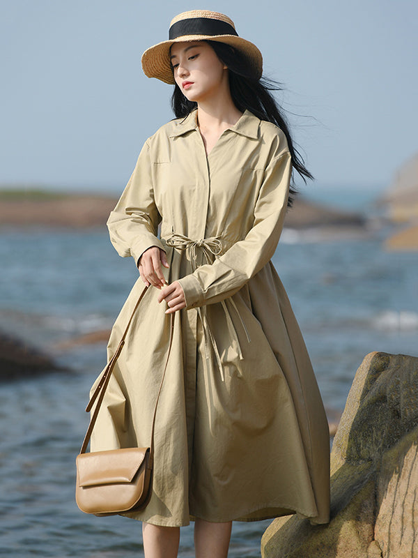 Casual Long Sleeves Loose Drawstring Tied Solid Color Lapel Collar Midi Dresses