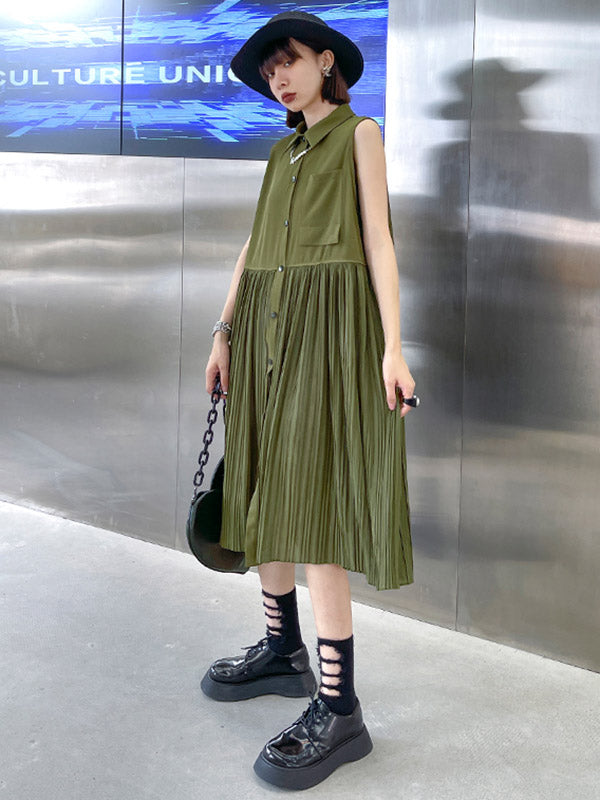Fashion Split-Joint Pleated Sleeveless Lapel H-Line Midi Dress