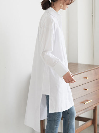 Simple Solid Color Buttoned Split-Side Lapel Collar Long Sleeves Blouse