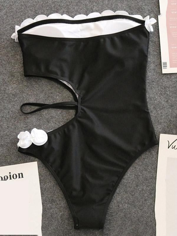 Lace Asymmetric Bandeau One-Piece Swimwear