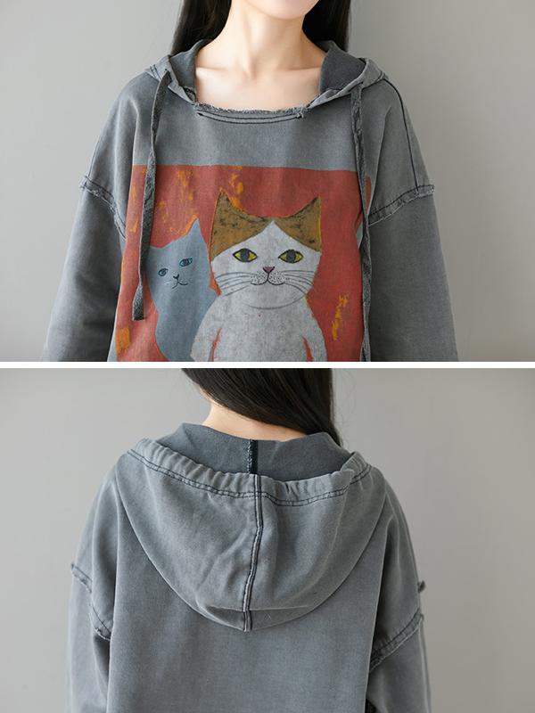 Buykud Cartoon Cats Fringed Hem Loose Hoodie
