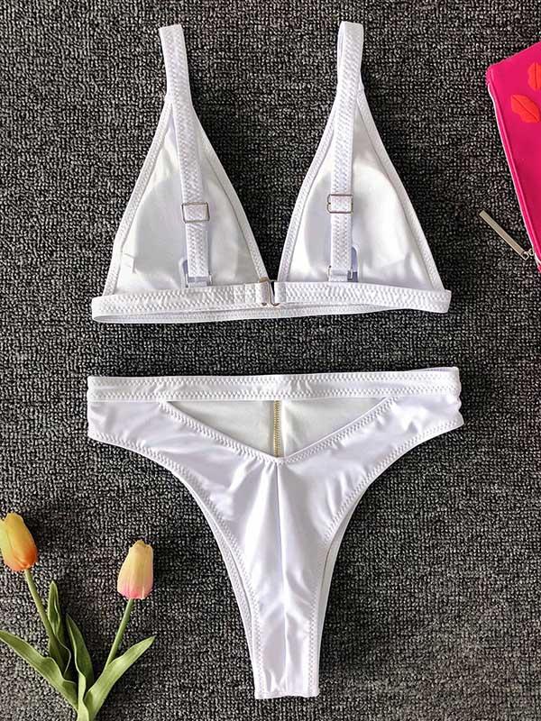 Solid Color Triangles Split Bikini Swimsuit
