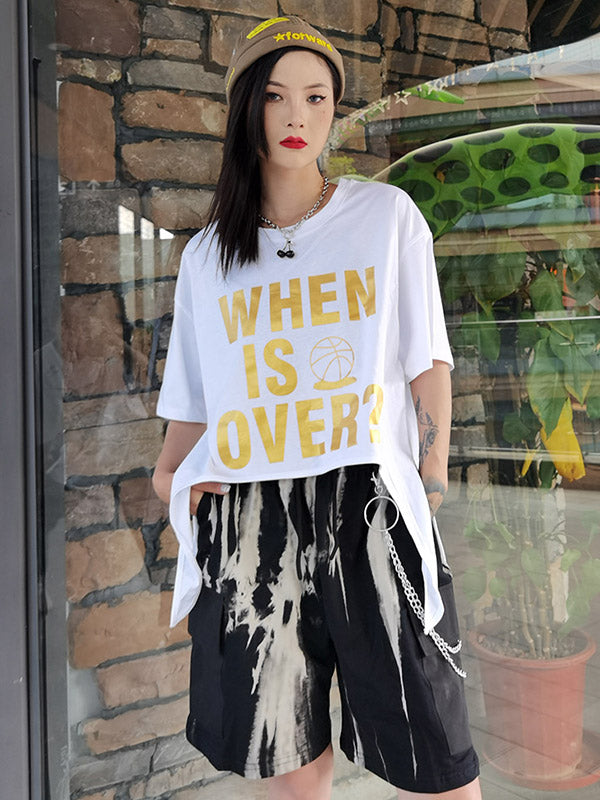 Stylish Letter&Character Print Asymmetric Short T-Shirt
