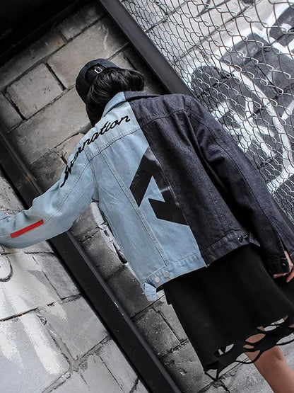 Hip-hop Printed Split-joint Lapel Denim Jacket