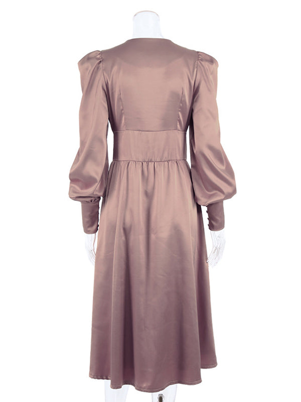 Urban Buttoned Split-Front High Waisted Puff Sleeve A-Line Midi Dress