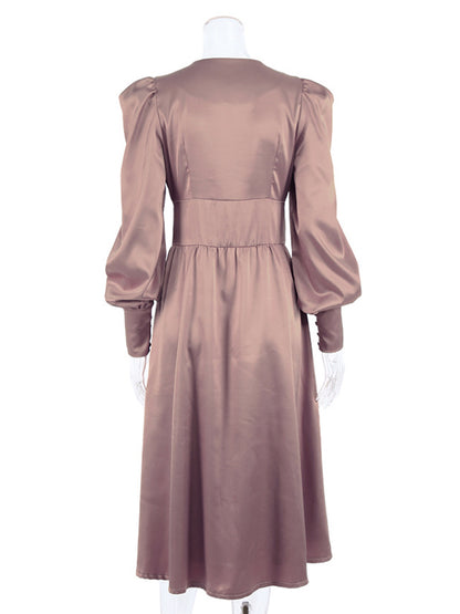 Urban Buttoned Split-Front High Waisted Puff Sleeve A-Line Midi Dress