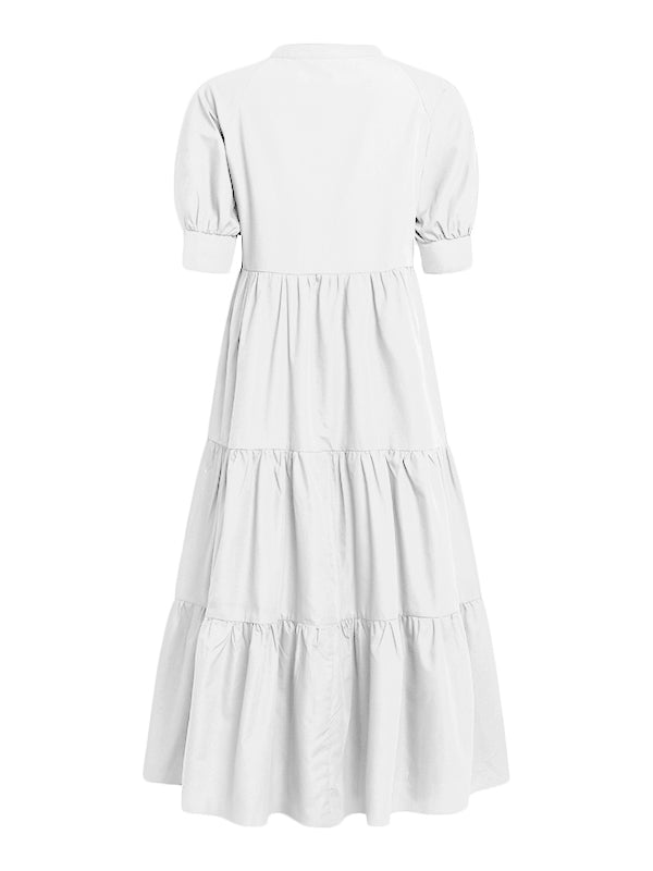 Original Solid Color Split-Joint Pleated Buttoned Stand Collar Half Puff Sleeves Midi Dress