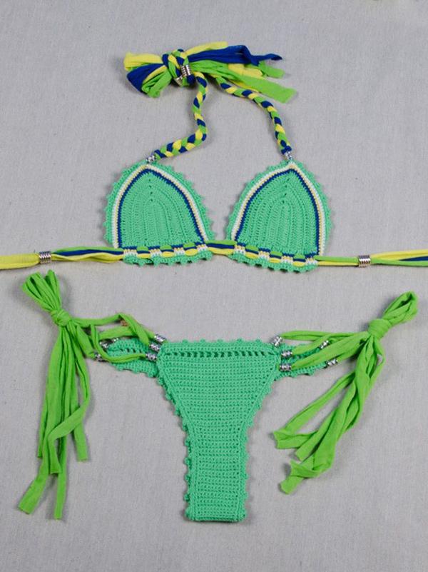 Crochet Bandage Triangles Split Bikini Swimsuit