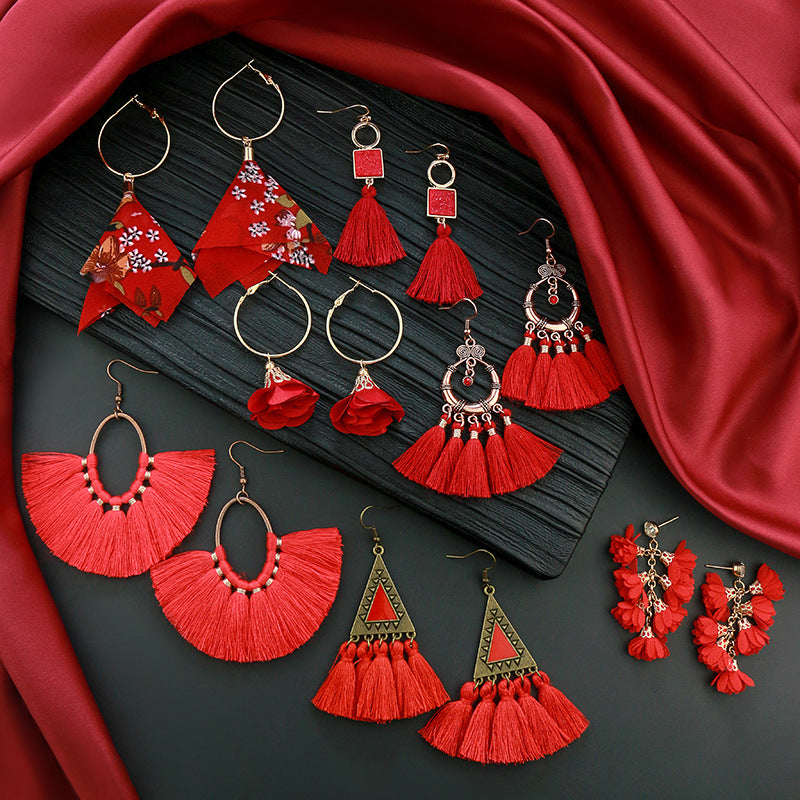 Fringed red earrings