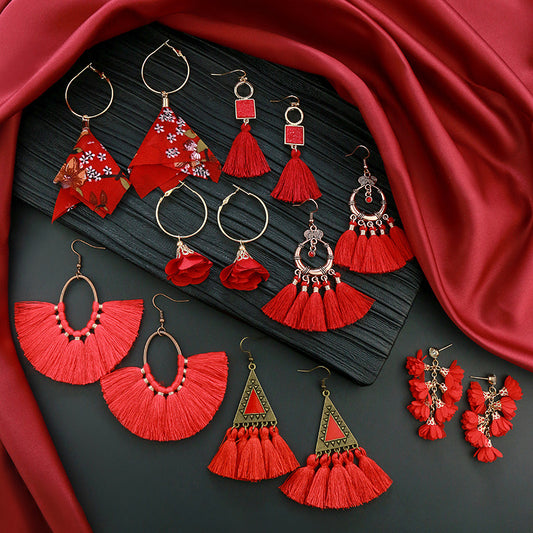 Fringed red earrings