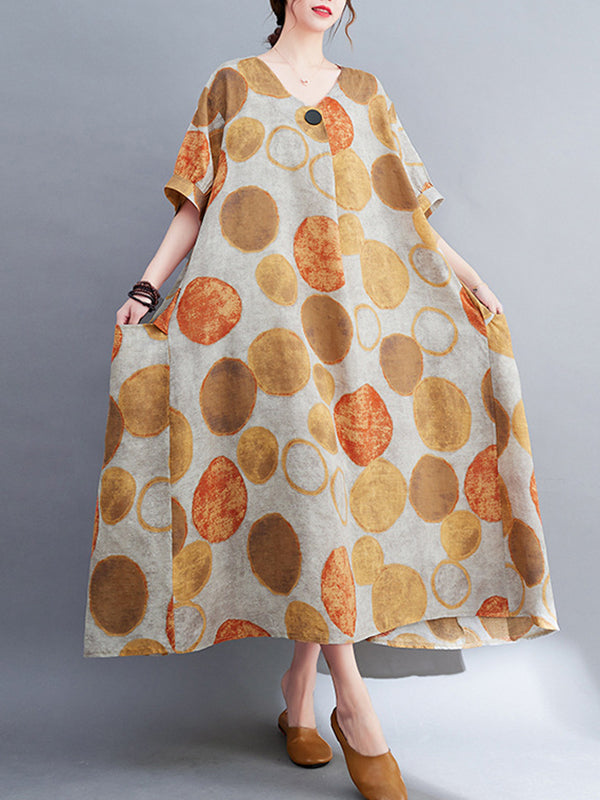 Original Artistic Retro Polka-Dot Ramie Cotton Midi Dress