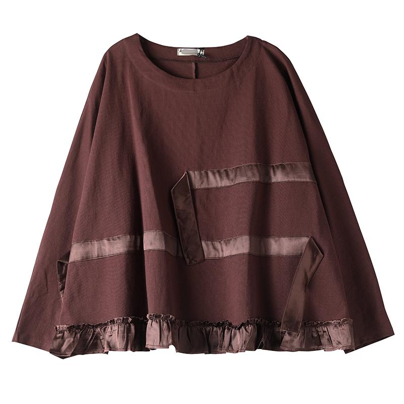 Buykud Ruffled Hem Applique Stripe Casual Loose Blouse