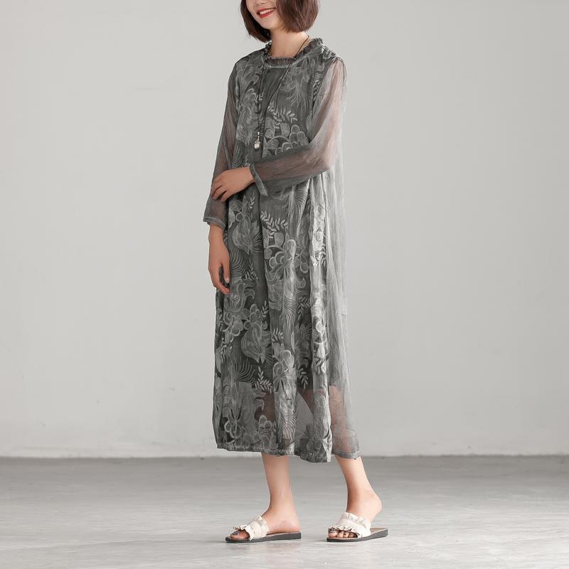 Embroidery Silk Floss Elegant Long Sleeve Dress