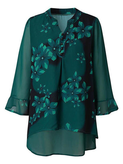 V-Neck Printed Loose Lace Chiffon Blouse