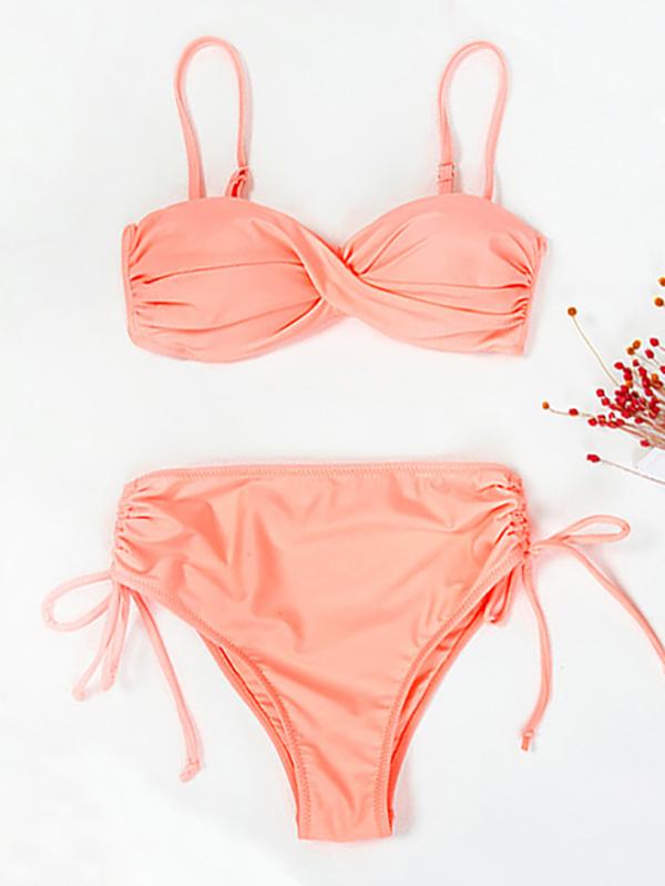 Solid Color Twist Bandage Split Bikini Swimsuit