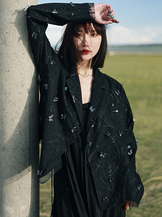 Stylish Mesh Butterfly Embroidered Notched Collar Long Sleeves Outwear