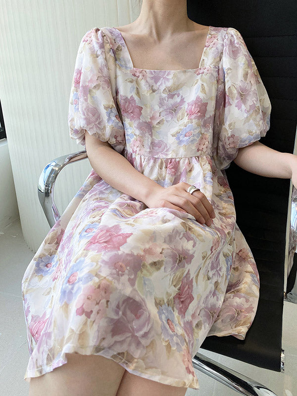 Original Floral Printed Square-Neck Puff Sleeve Mini Dress