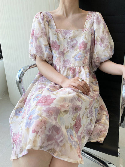 Original Floral Printed Square-Neck Puff Sleeve Mini Dress