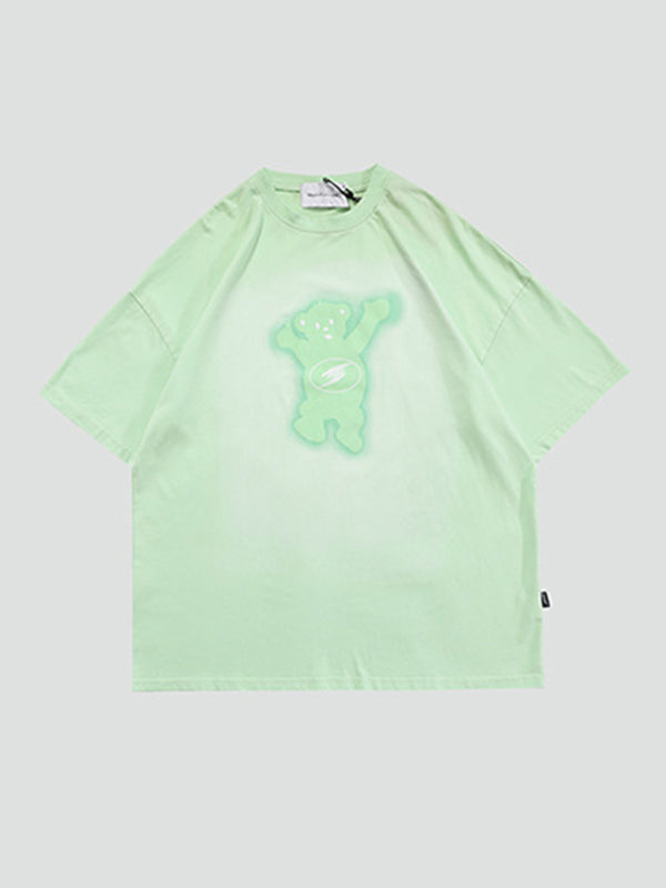 Vintage Round-Neck Bear Print Loose T-Shirts Tops