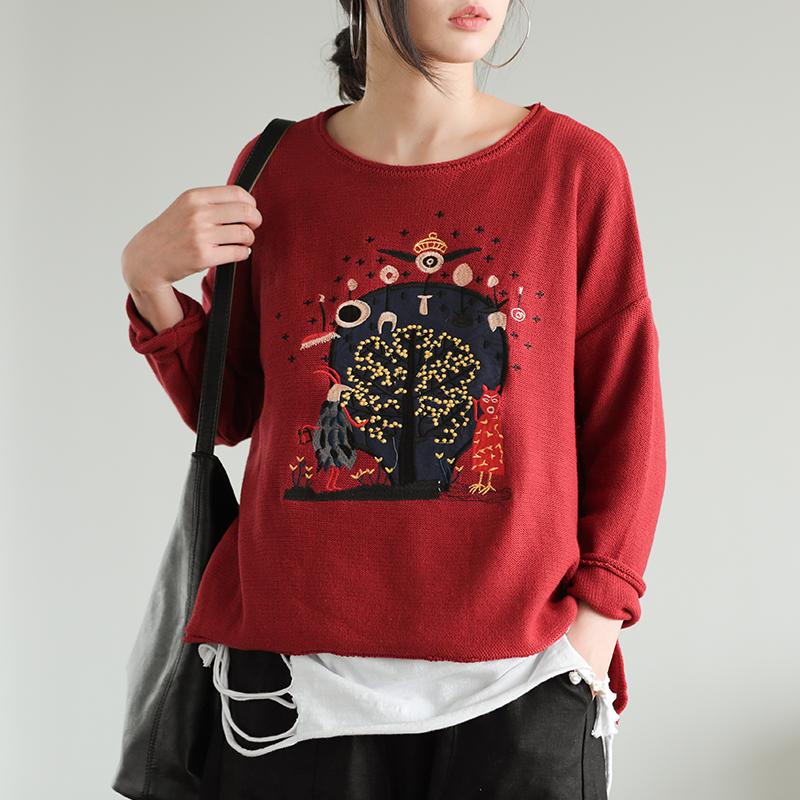 Buykud Casual Loose Embroidery Cartoon Pullover Blouse