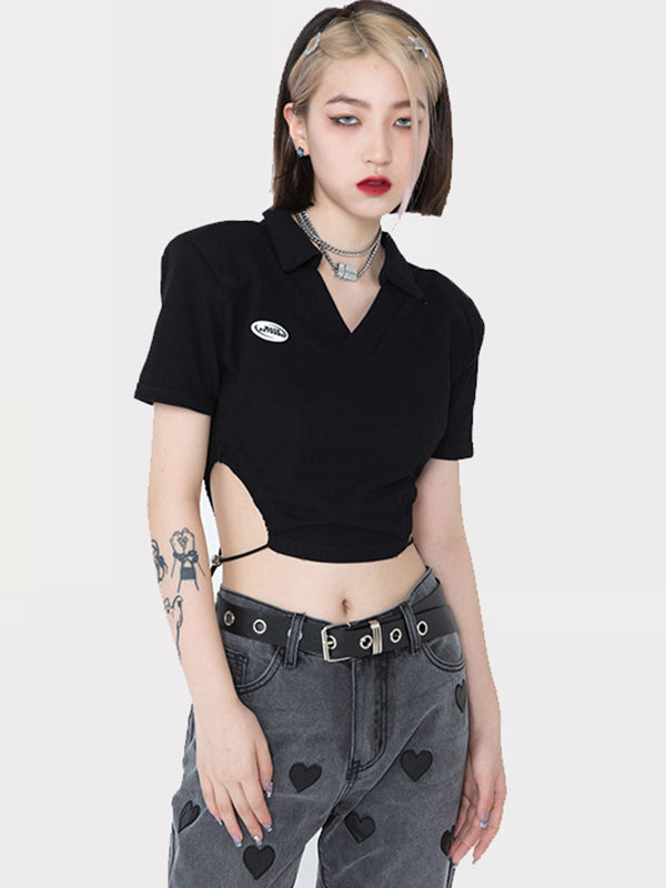 Original Black Lapel V-Neck Hollow T-Shirt