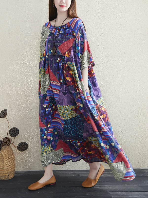 Loose Floral Printed Pleated Round-Neck Half Sleeves Midi Dress