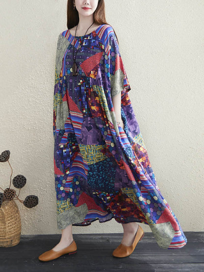 Loose Floral Printed Pleated Round-Neck Half Sleeves Midi Dress