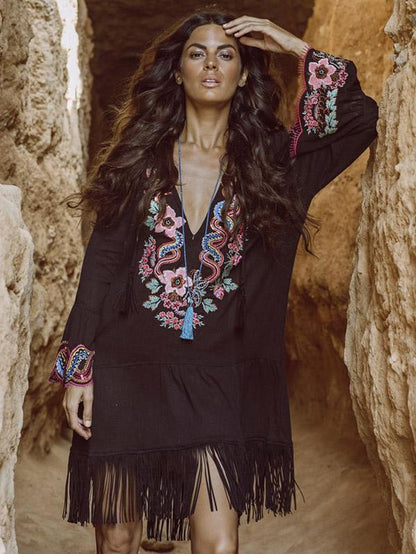 Embroidered V-neck Tasseled Mini Dress