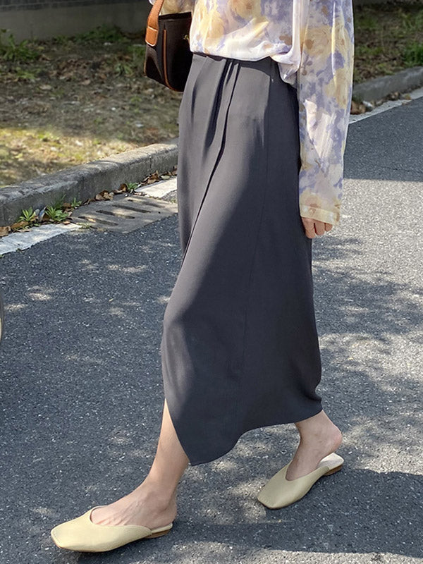 Stylish Solid Color Asymmetric Split-Front Elastics A-Line Skirts