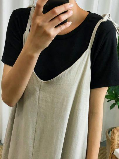 Cropped Loose Ramie Cotton Spaghetti-neck Midi Dresses