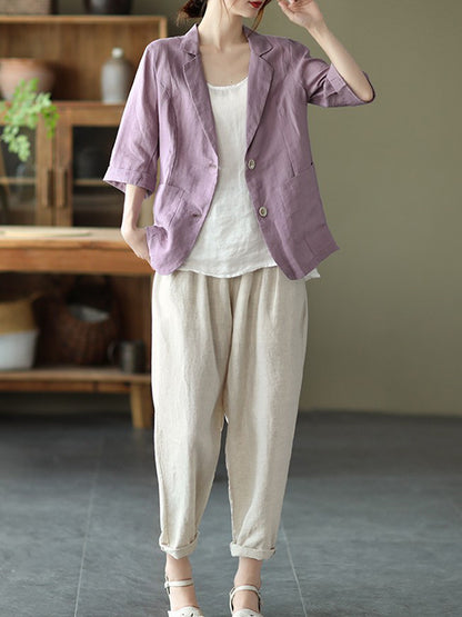 Urban Simple Solid Color Notched Collar Half Sleeves Blazer