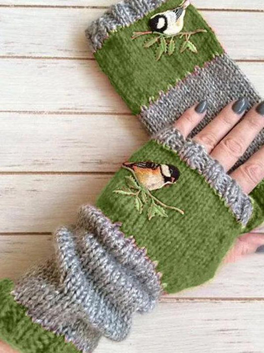 Knitting Embroidered Half Finger Gloves Accessories