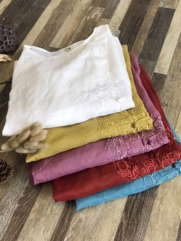Vintage Ramie Cotton Embroidered Round-Neck T-Shirt Tops