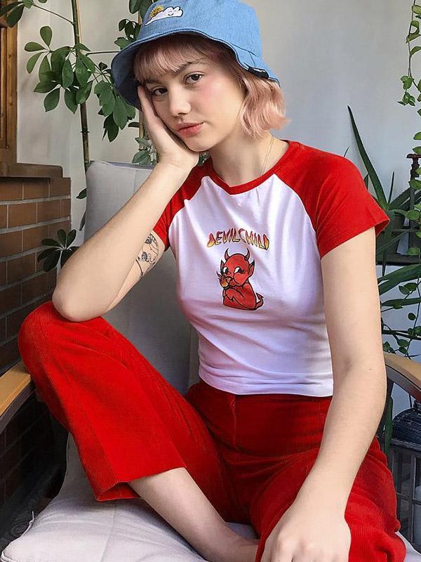 Contrast Color Printed Short Sleeves T-Shirts Tops