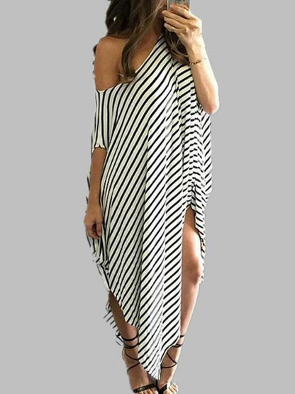 Loose Simple Striped Split-side Long Dress