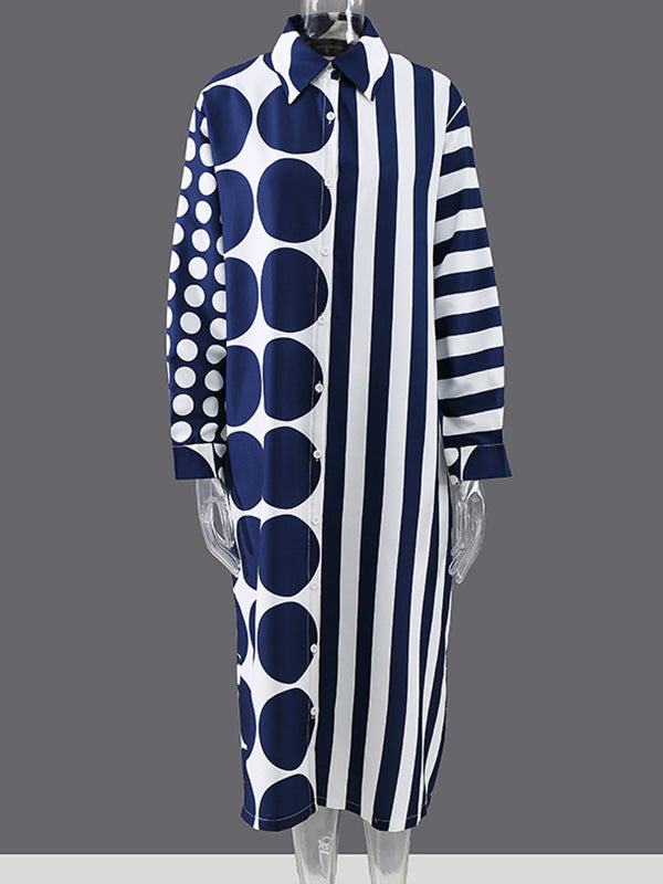 Original Striped Polka-Dot Split-Joint Buttoned Lapel Collar Long Sleeves Midi Shirt Dress
