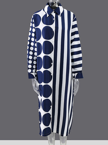 Original Striped Polka-Dot Split-Joint Buttoned Lapel Collar Long Sleeves Midi Shirt Dress
