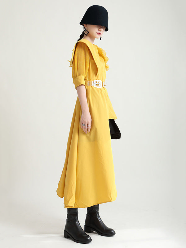 Stylish Irregular 4 Colors Split-Joint Pleated Mesh Falbala Buttoned Lapel Collar Bishop Sleeves Blouse