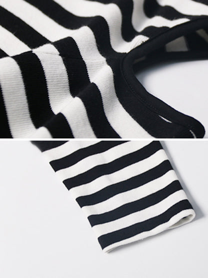 Original Stylish Striped Hollow Cold Shoulder Long Sleeves T-Shirt Tops