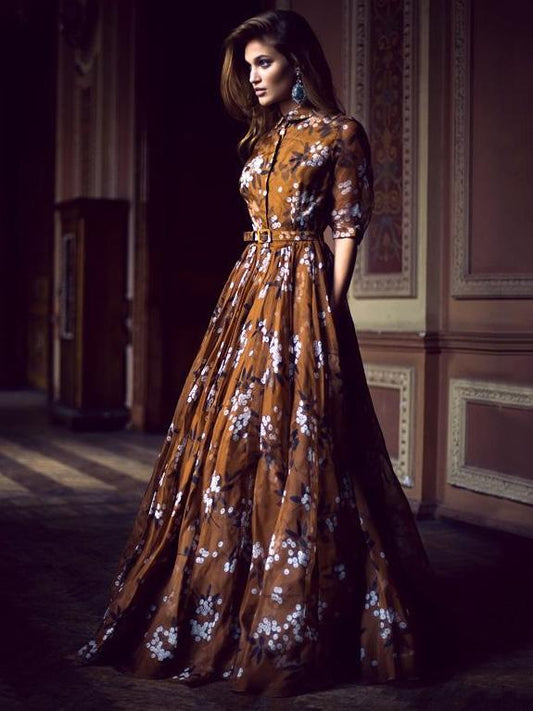 Printed Lapel Collar Belted Maxi Dress
