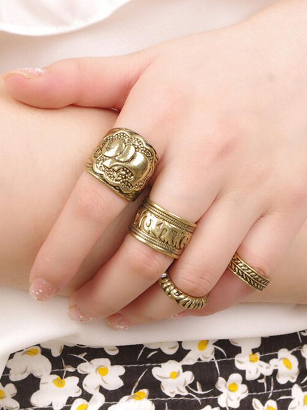 4PCS Vintage Elephant Carved Rings Accessories