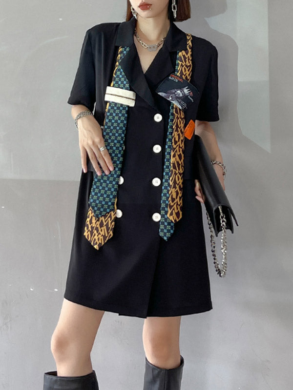 Stylish Buttoned Tie Split-Joint With Pocket Applique Notched Collar Short Sleeves Mini Shirt Dress