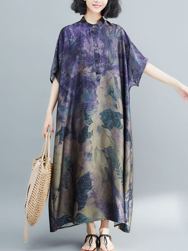 Vintage Loose Printed Stand Collar Batwing Sleeves Maxi Dress