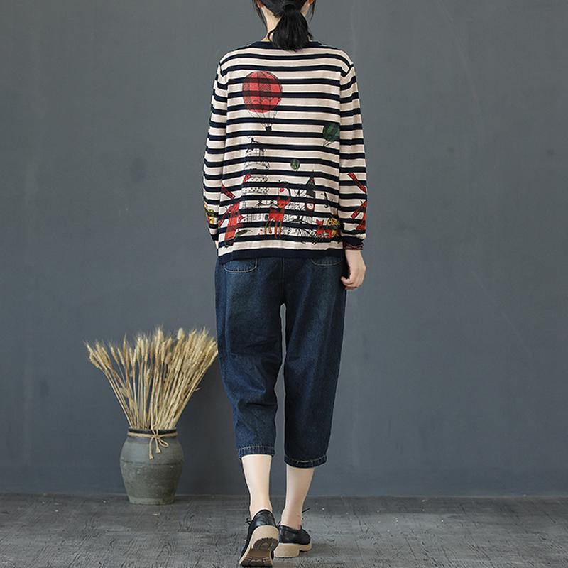 Buykud Stripes Cartoon Pullover Casual Knitted Shirt